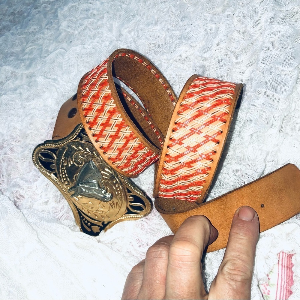 Vintage belt woven like orange and white design- silver gold horse belt buckle
